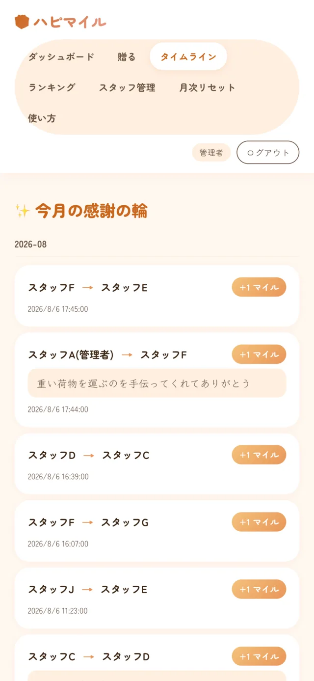 ハピマイルのタイムライン画面。スタッフ同士が送り合った感謝が一覧で表示されている