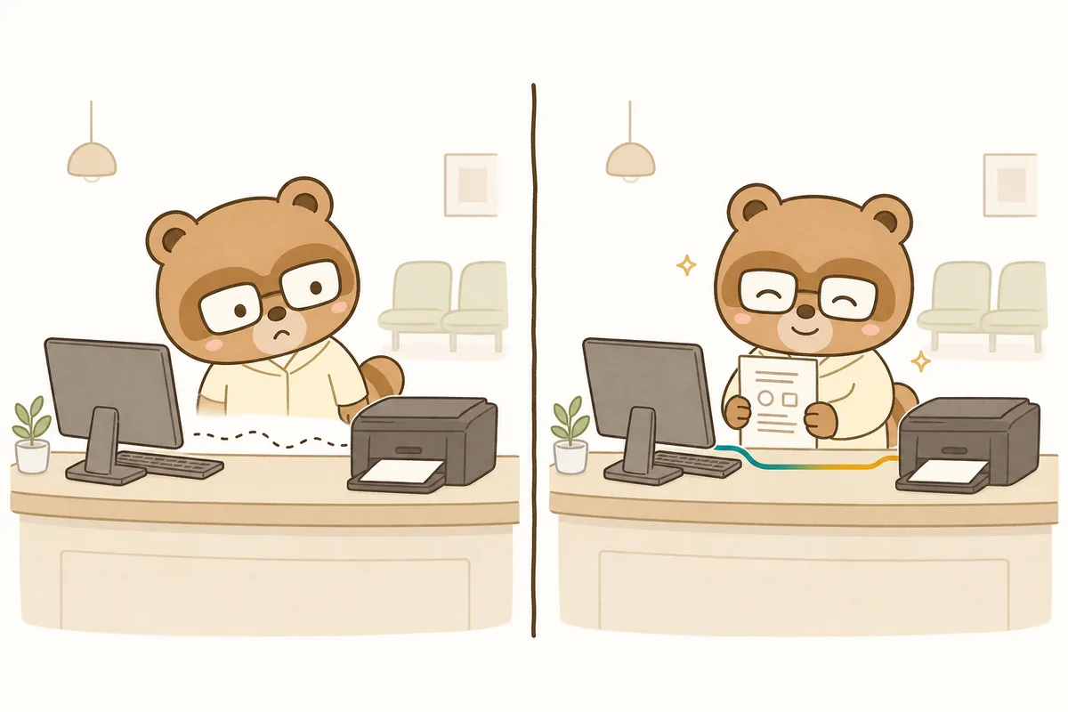 プリンターにつながらず困っている場面と、機器一覧表を手に安心している場面の対比イラスト